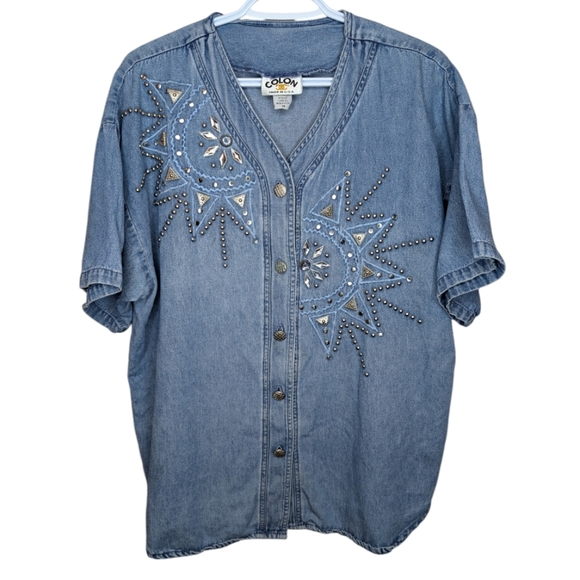 Vintage Colon Made in USA Denim Button Down V Neck Bedazzled Jewel Top M - Picture 1 of 8